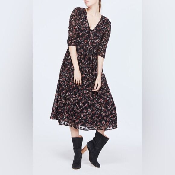 Ba&sh Galvin Midi Black Dress Floral Size L - Picture 3 of 13